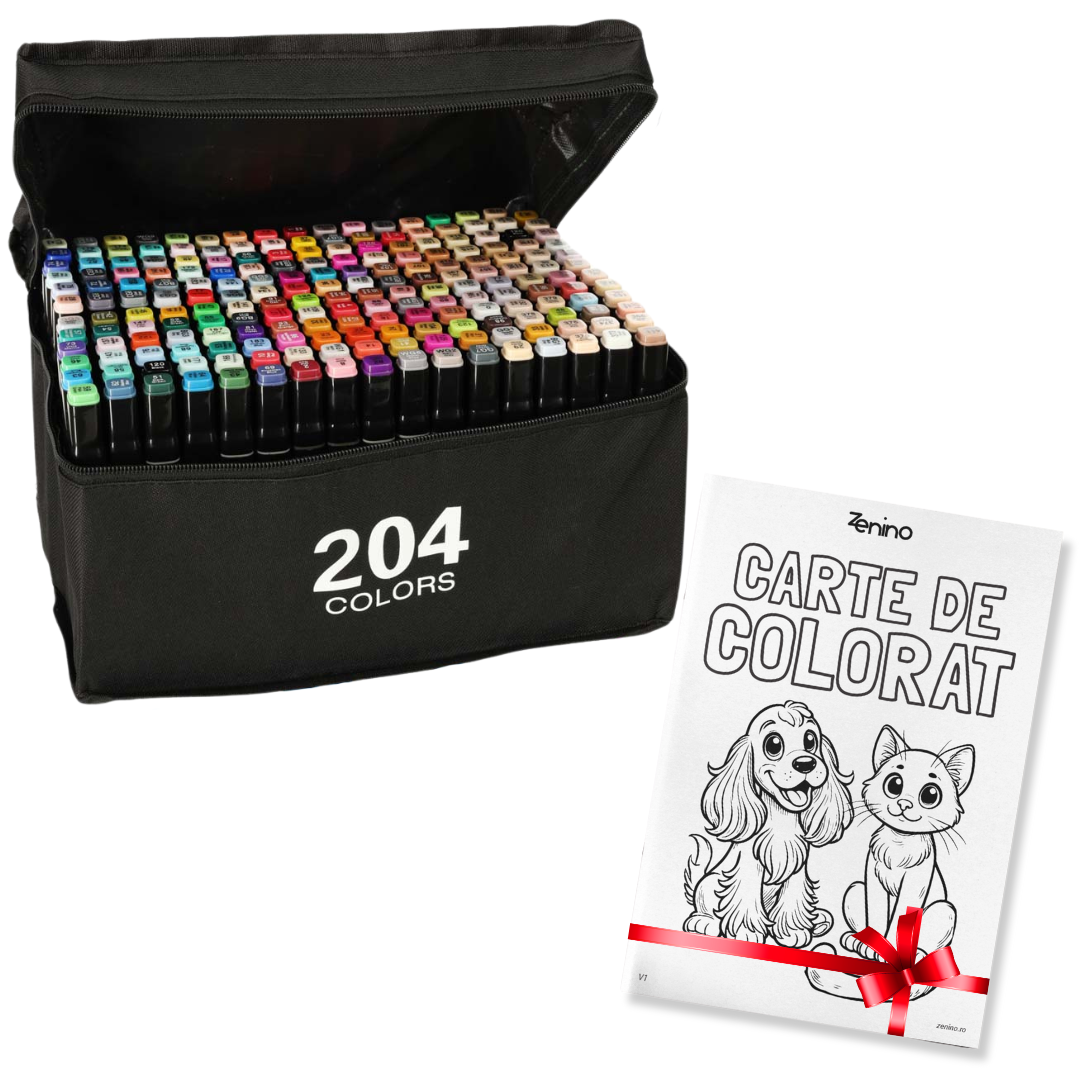 Set Markere + Carte de Colorat Cadou, Varf Dublu, Culori Intense