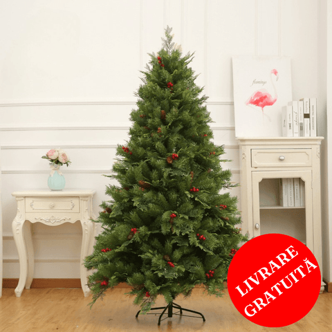 Brad de Craciun, Model cu Conuri, Inaltime 2.4m, Ramuri Bogate, Artificial, Suport Metalic, 1652 Ramuri, Usor de Instalat, Stabil, Verde