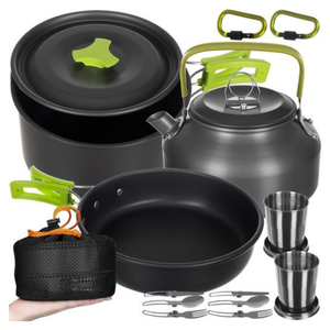 Set Camping de Gatit, 18 Piese, Suprafata Anti-Aderenta, Accesorii Incluse, Otel Inoxidabil