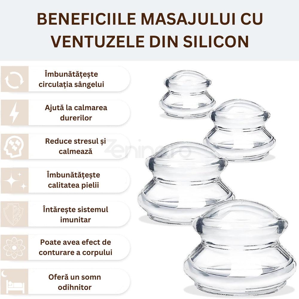 Set 4 Ventuze de Masaj, Terapeutice, Anticelulita, Relaxare, Silicon Moale, Transparent/Albastru