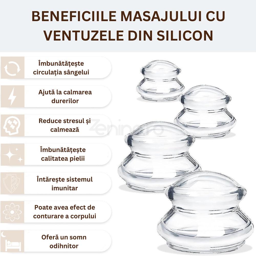 Set 4 Ventuze de Masaj, Terapeutice, Anticelulita, Relaxare, Silicon Moale, Alb/Transparent