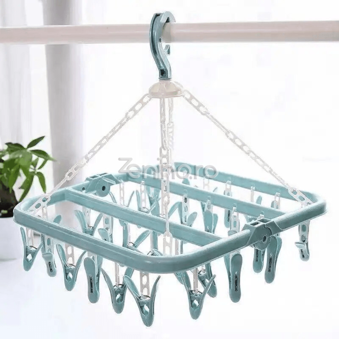 Uscator Rufe, cu 32 Carlige, pentru Sosete, Haine Bebe, Pliabil, Rotire 360, cu Agatatoare, 32x32cm