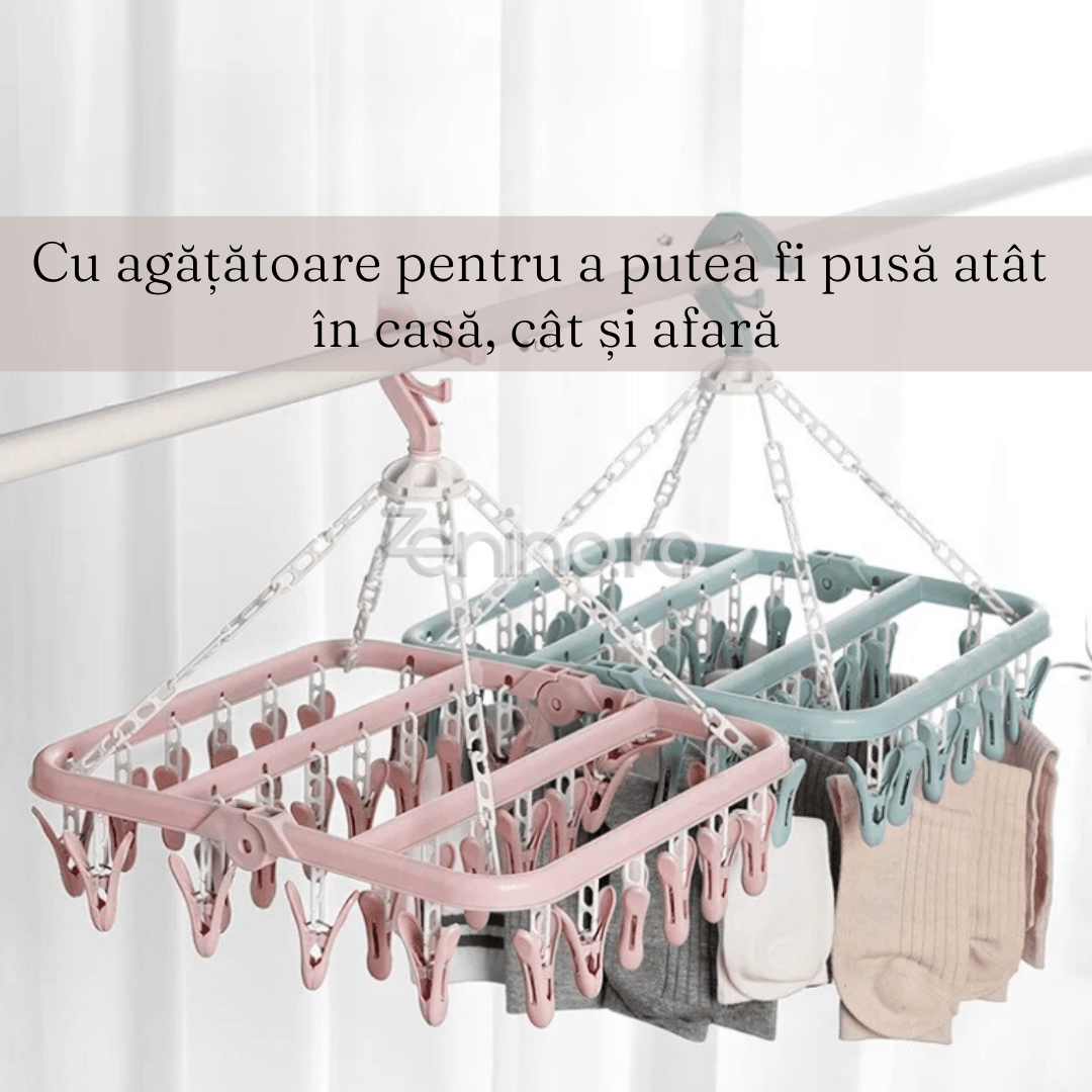 Uscator Rufe, cu 32 Carlige, pentru Sosete, Haine Bebe, Pliabil, Rotire 360, cu Agatatoare, 32x32cm