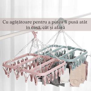 Uscator Rufe, cu 32 Carlige, pentru Sosete, Haine Bebe, Pliabil, Rotire 360, cu Agatatoare, 32x32cm