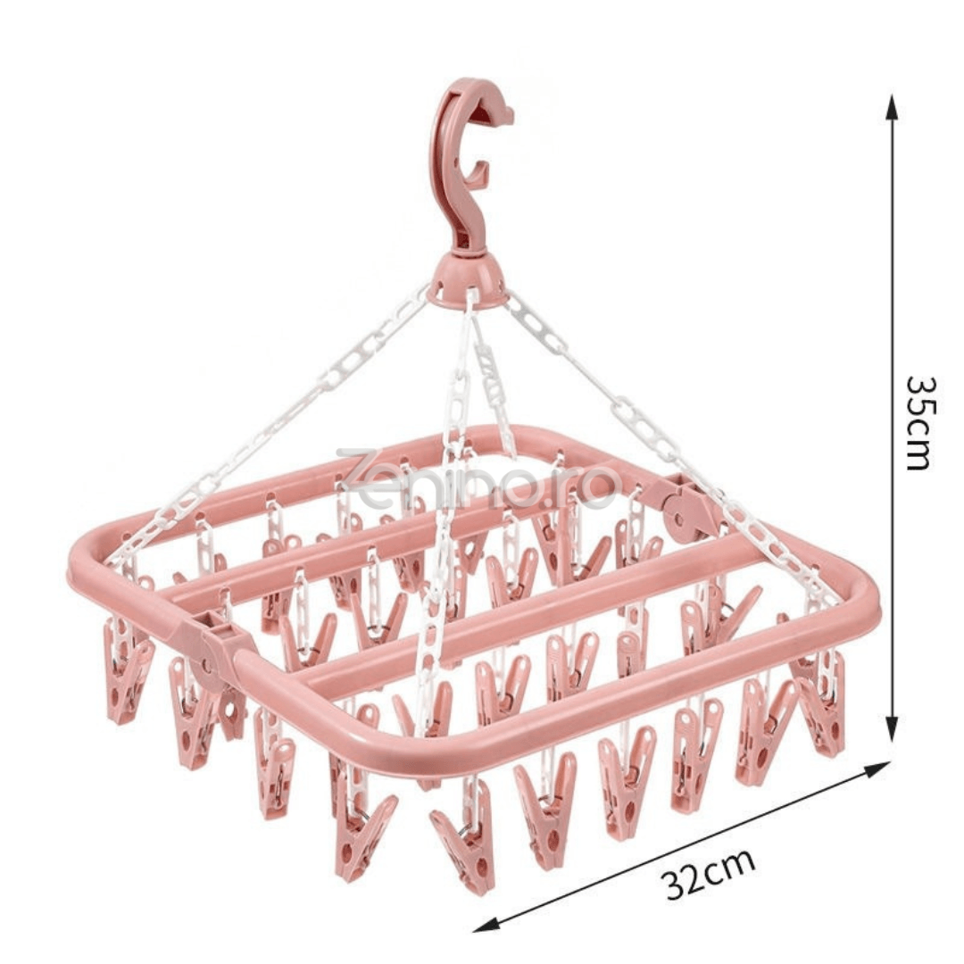 Uscator Rufe, cu 32 Carlige, pentru Sosete, Haine Bebe, Pliabil, Rotire 360, cu Agatatoare, 32x32cm, Roz, Albastru, Verde