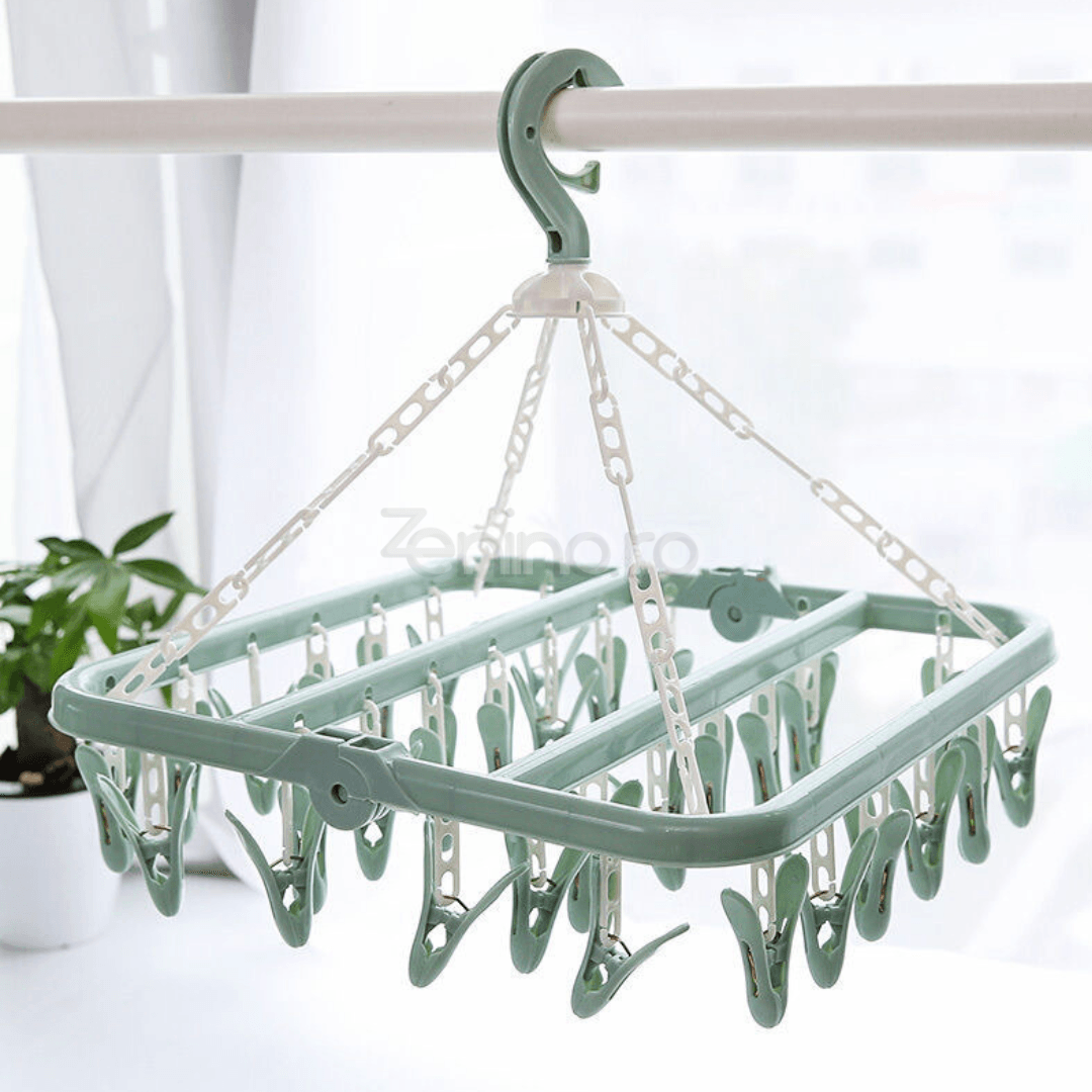 Uscator Rufe, cu 32 Carlige, pentru Sosete, Haine Bebe, Pliabil, Rotire 360, cu Agatatoare, 32x32cm