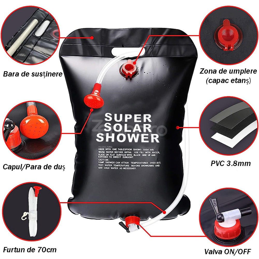 Dus Portabil 20L cu Incalzire Solara, pentru Camping, Furtun cu Robinet, Inchidere Etansa, Maner pentru Agatare, Negru
