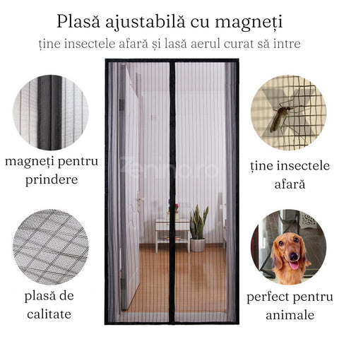 Plasa Magnetica Tantari - Pentru Usa, 220x100cm, Dimensiune Ajustabila 220x210x200, 100x90x80, Prindere Velcro, Negru