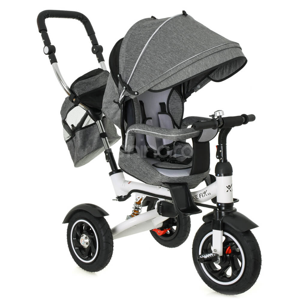 Tricicleta 3in1 V3, Multifunctionala, Carucior, Scaun Reversibil, Borseta, Suspensii, Pozitie Somn, Prelata Detasabila, Negru/Gri