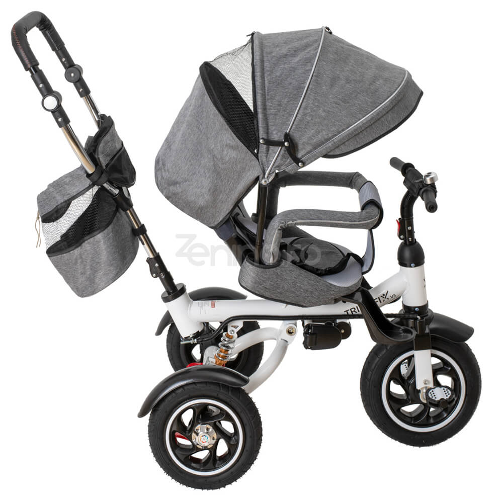 Tricicleta 3in1 V3, Multifunctionala, Carucior, Scaun Reversibil, Borseta, Suspensii, Pozitie Somn, Prelata Detasabila, Negru/Gri