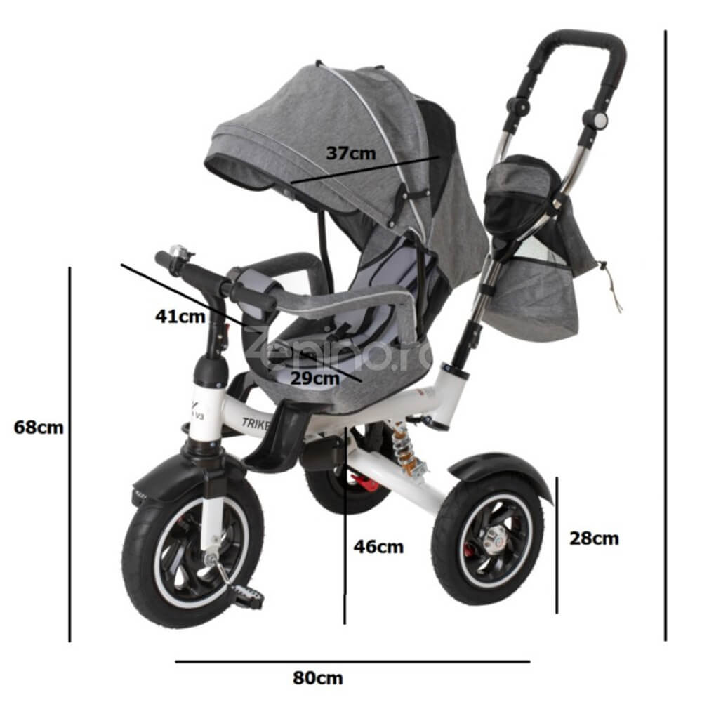 Tricicleta 3in1 V3, Multifunctionala, Carucior, Scaun Reversibil, Borseta, Suspensii, Pozitie Somn, Prelata Detasabila, Negru/Gri