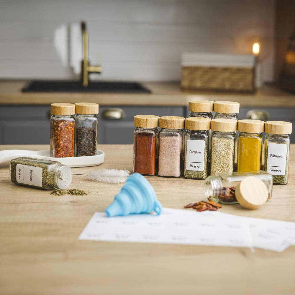 Spice Container Set, Aluminum/Wooden Lid, 96 White Labels in Romanian, 12-24 Salt Shakers, Funnel, Marker, 110ml, Bottle