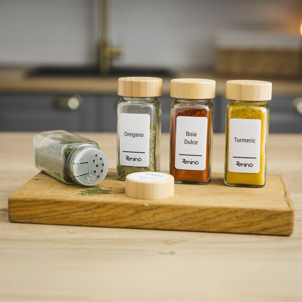 Spice Container Set, Aluminum/Wooden Lid, 96 White Labels in Romanian, 12-24 Salt Shakers, Funnel, Marker, 110ml, Bottle