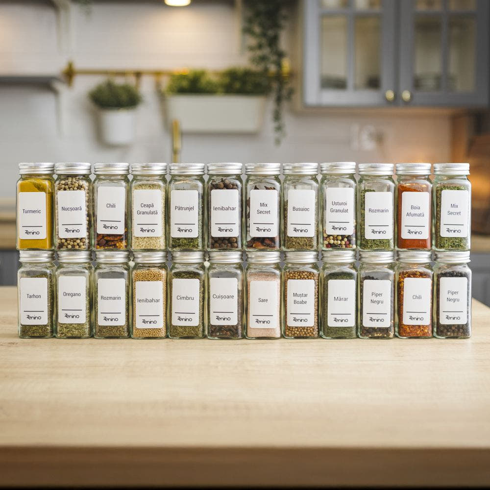 Spice Container Set, Aluminum/Wooden Lid, 96 White Labels in Romanian, 12-24 Salt Shakers, Funnel, Marker, 110ml, Bottle