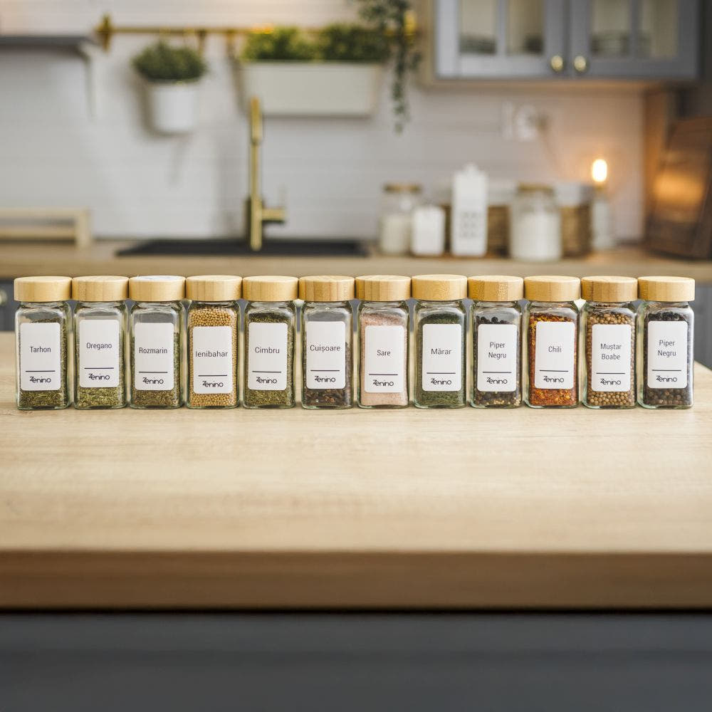 Spice Container Set, Aluminum/Wooden Lid, 96 White Labels in Romanian, 12-24 Salt Shakers, Funnel, Marker, 110ml, Bottle