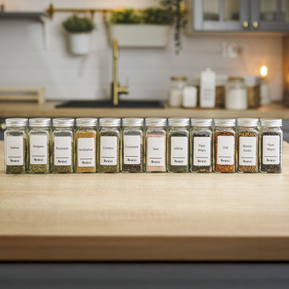 Spice Container Set, Aluminum/Wooden Lid, 96 White Labels in Romanian, 12-24 Salt Shakers, Funnel, Marker, 110ml, Bottle