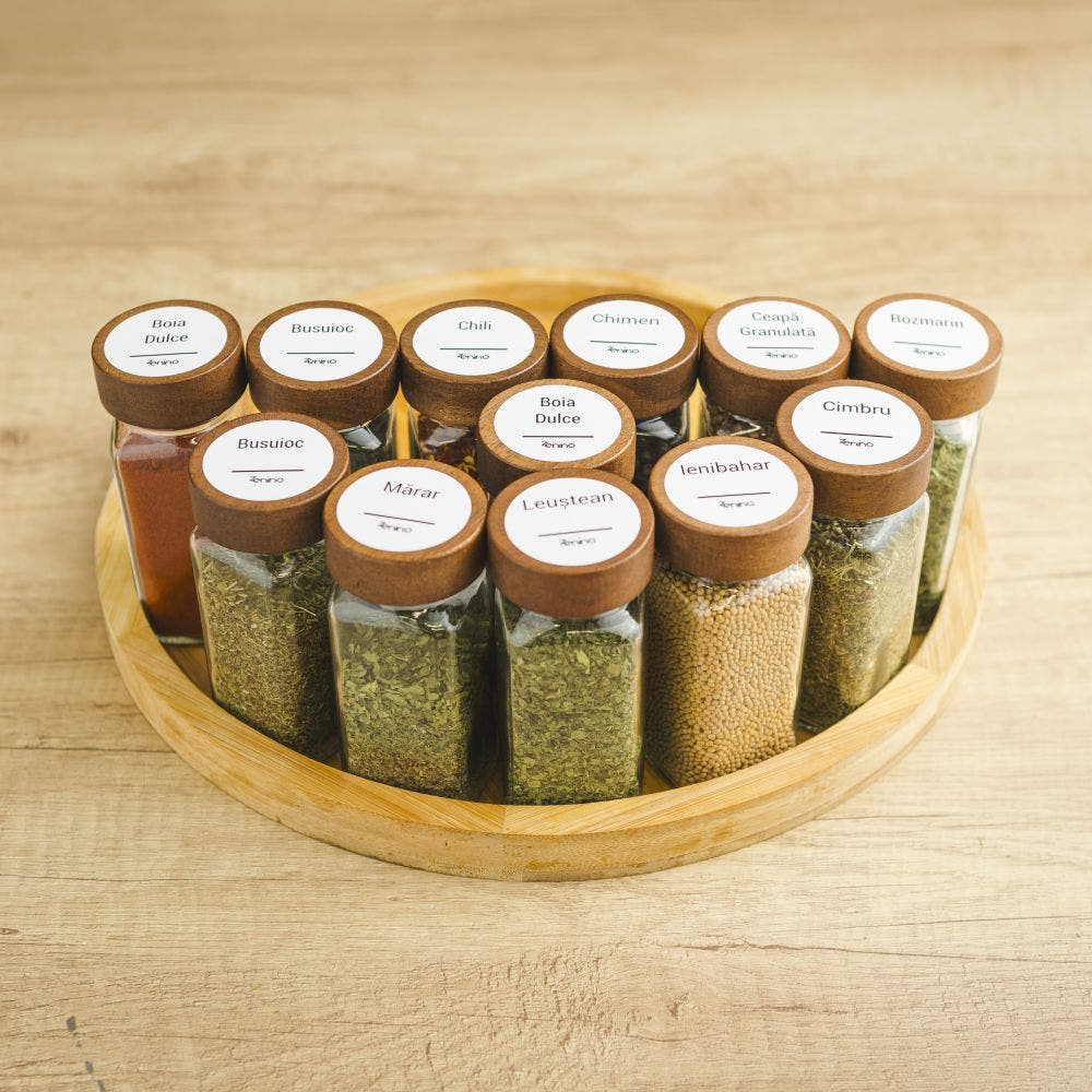 Spice Container Set, Aluminum/Wooden Lid, 96 White Labels in Romanian, 12-24 Salt Shakers, Funnel, Marker, 110ml, Bottle