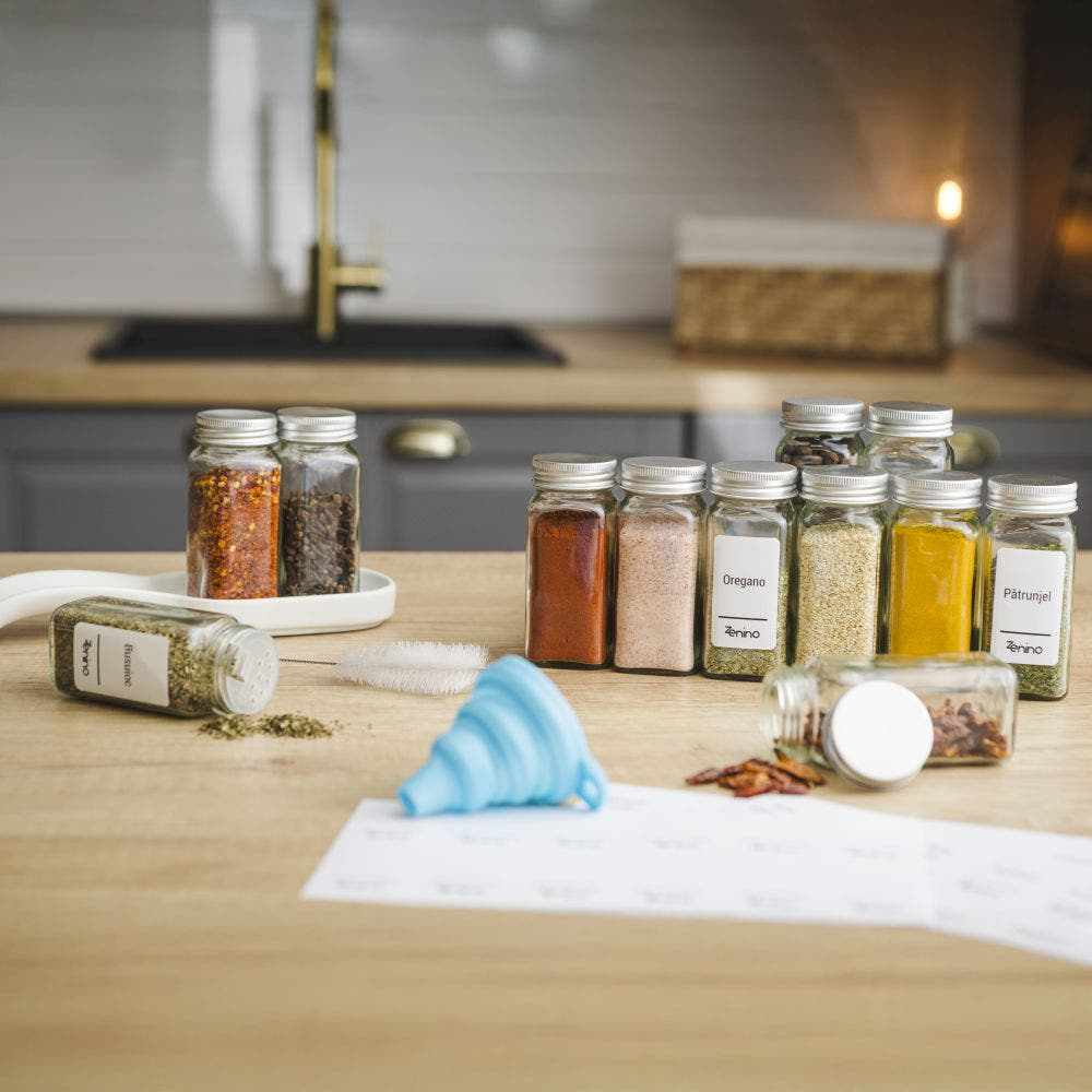 Spice Container Set, Aluminum/Wooden Lid, 96 White Labels in Romanian, 12-24 Salt Shakers, Funnel, Marker, 110ml, Bottle