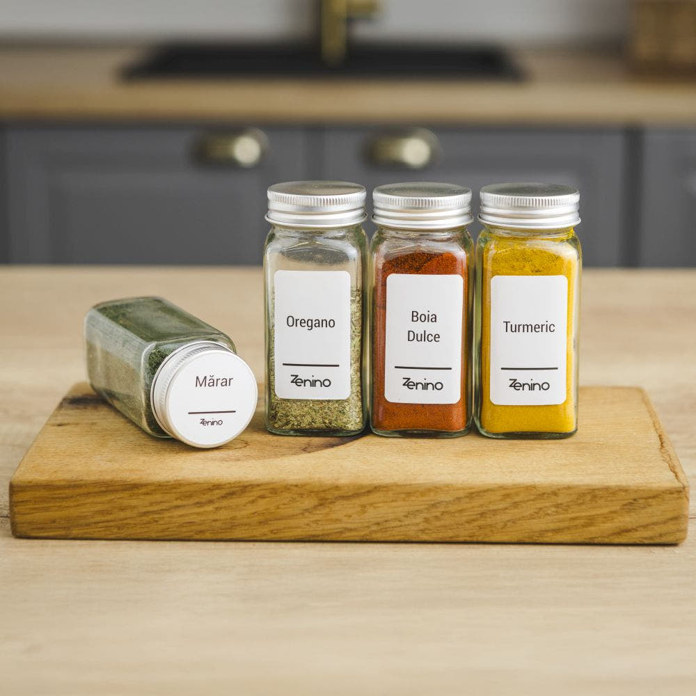 Spice Container Set, Aluminum/Wooden Lid, 96 White Labels in Romanian, 12-24 Salt Shakers, Funnel, Marker, 110ml, Bottle