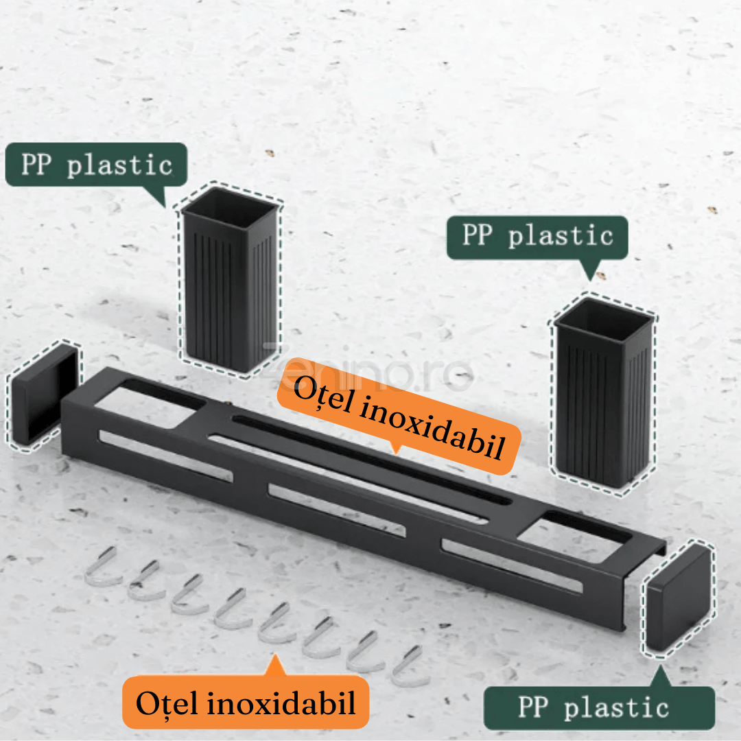 Suport Suspendabil Ustensile, Compartimente pentru Cutite, 2 Recipiente Tacamuri, 8 Carlige pentru Polonic, Tel, Palete, din Otel Inoxidabil, 50cm, Negru