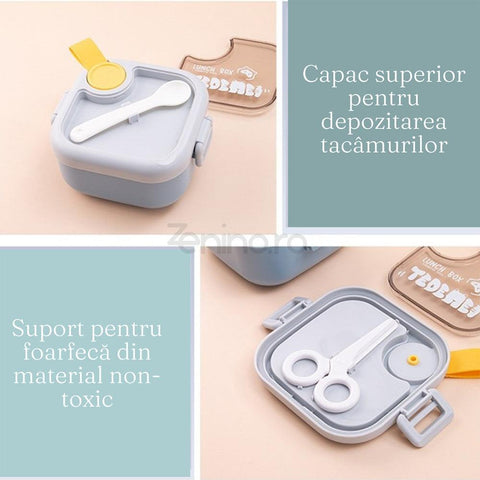 Caserola Copii 3in1, Suport Tacamuri, 2 Recipiente,  Forfecuta din Plastic, Inchidere Etansa, Material Non-Toxic,750 ml
