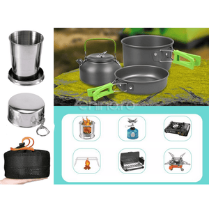 Set de Gatit Camping, 18 piese, Compact, Portabil, Antiaderente, Aluminiu Anodizat, Ceainic, Oala, Tigaie, Tacamuri, Negru