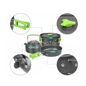 Set de Gatit Camping, 18 piese, Compact, Portabil, Antiaderente, Aluminiu Anodizat, Ceainic, Oala, Tigaie, Tacamuri, Negru