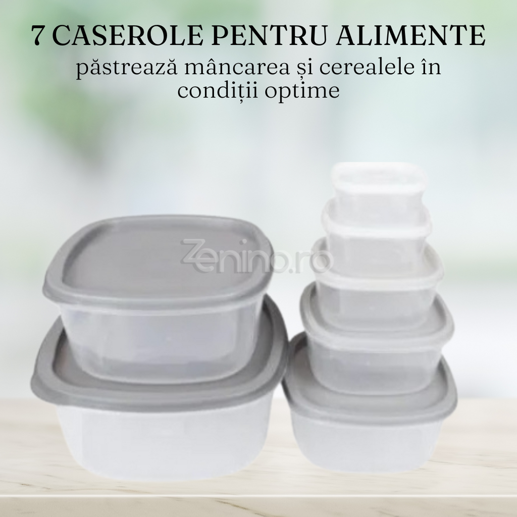 Set 7 Caserole Alimente, Dimensiuni Diferite, 8cm-20cm, Fara BPA, Transparente, din Plastic, Capac Gri