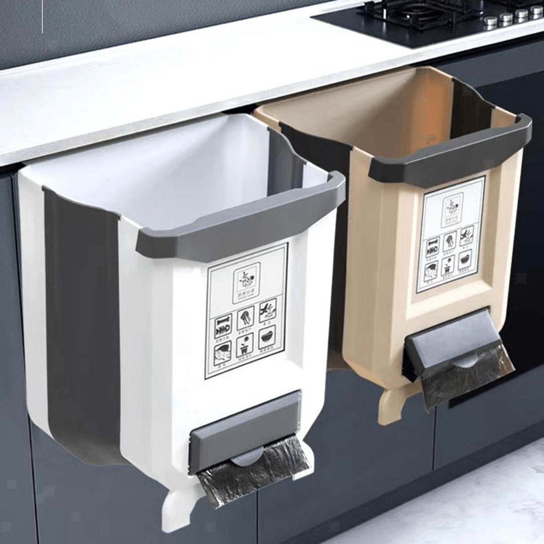 Cos de Gunoi Pliabil, Capacitate 9L, Compartiment Pungi, Suspendat, Compact, pentru Dulap, Plastic/Silicon