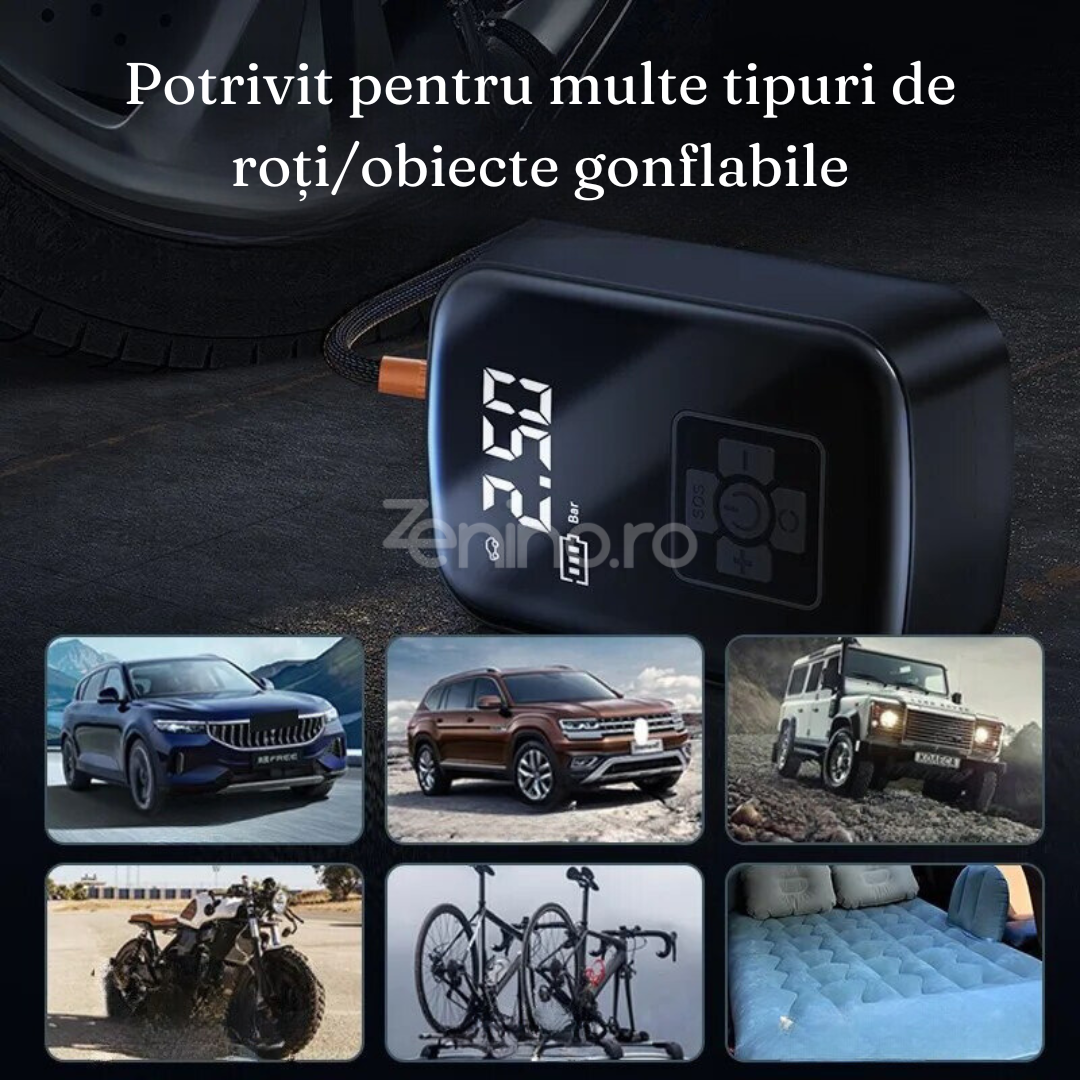 Безжичен електрически компресор, батерия 2000mAh, 150 PSI, дигитален дисплей, за гуми и топки, 12.7x8.5 см, черен