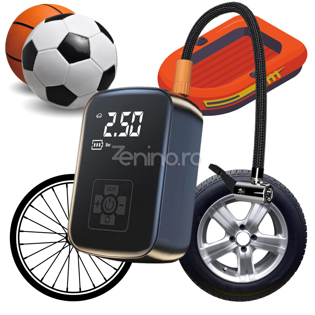 Безжичен електрически компресор, батерия 2000mAh, 150 PSI, дигитален дисплей, за гуми и топки, 12.7x8.5 см, черен