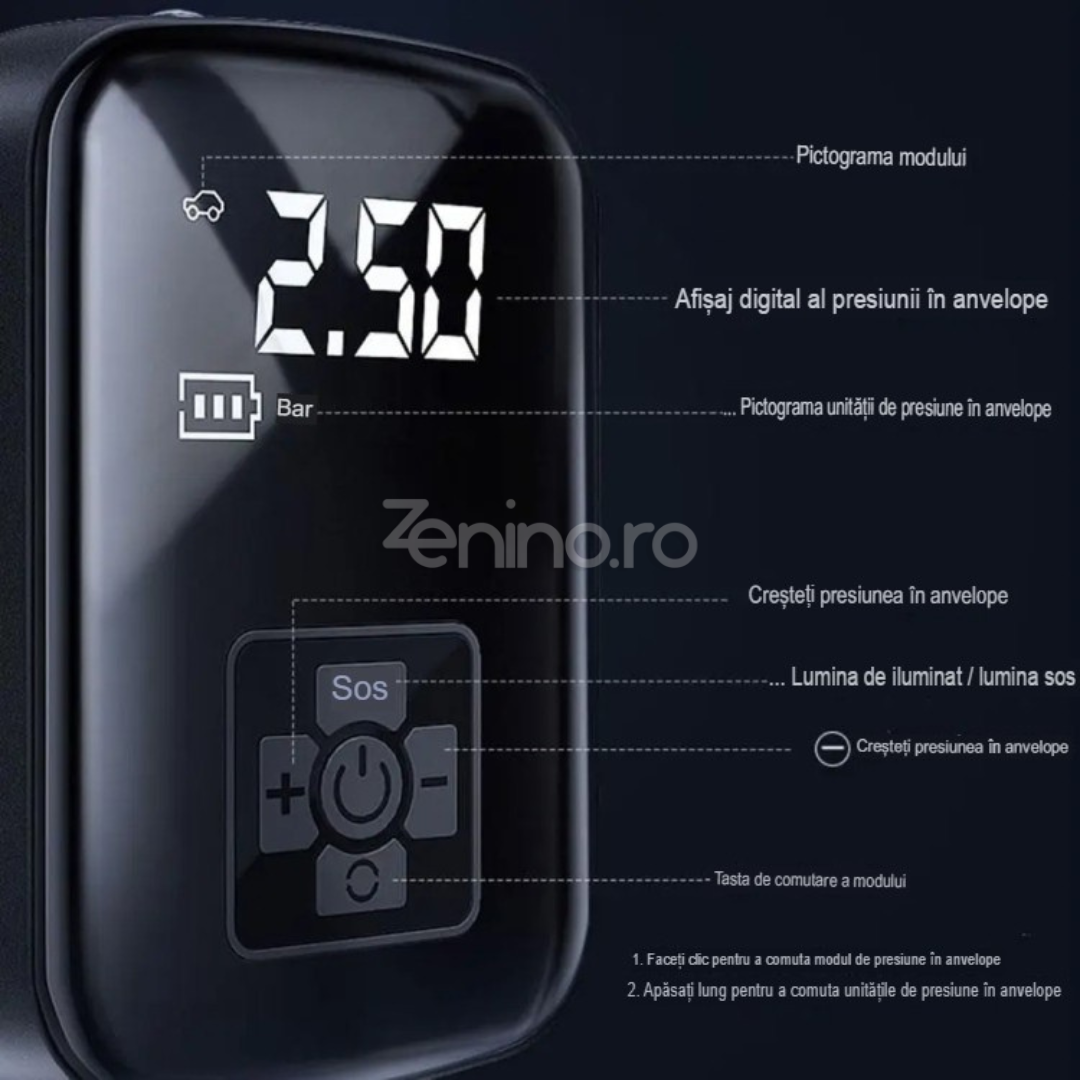 Безжичен електрически компресор, батерия 2000mAh, 150 PSI, дигитален дисплей, за гуми и топки, 12.7x8.5 см, черен