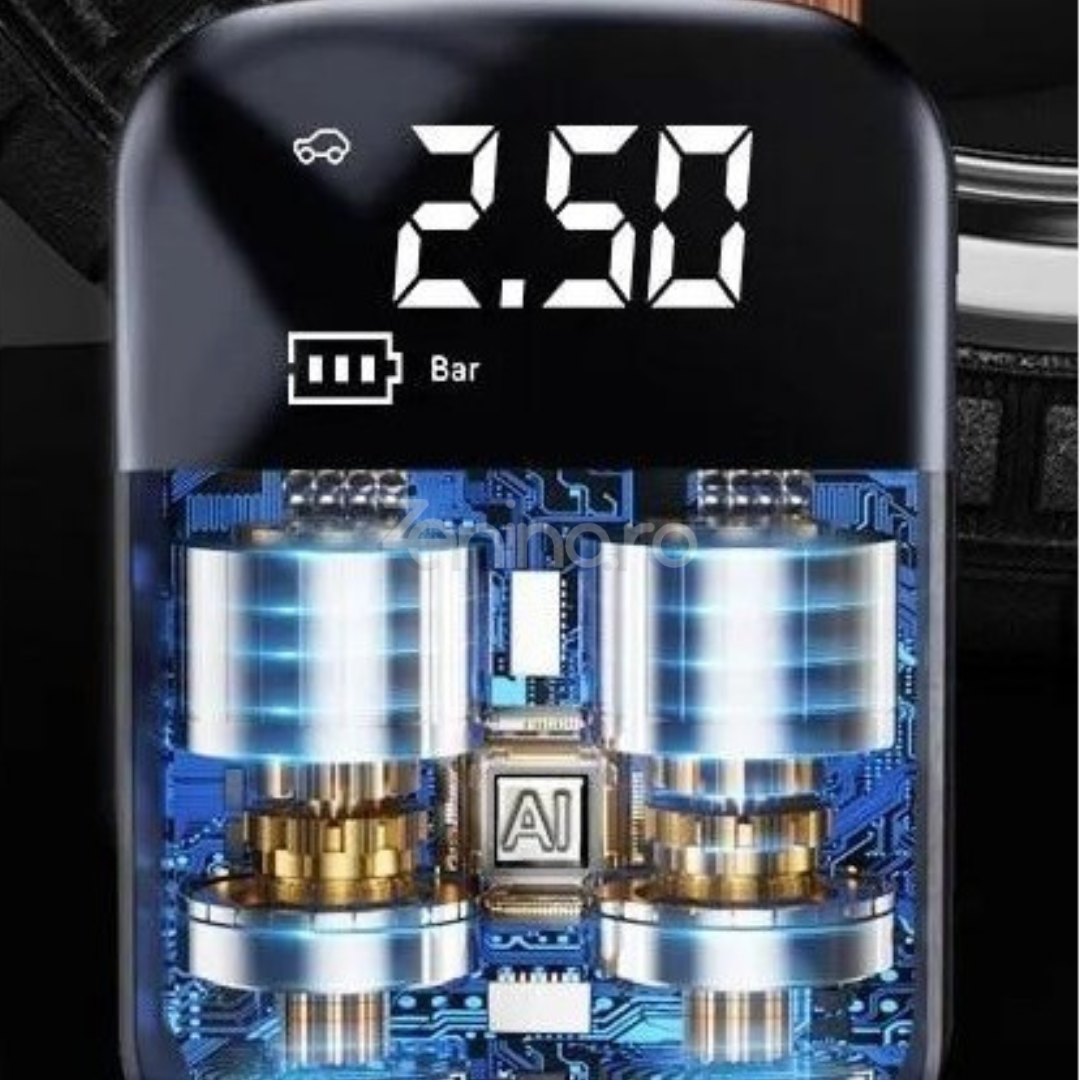 Безжичен електрически компресор, батерия 2000mAh, 150 PSI, дигитален дисплей, за гуми и топки, 12.7x8.5 см, черен