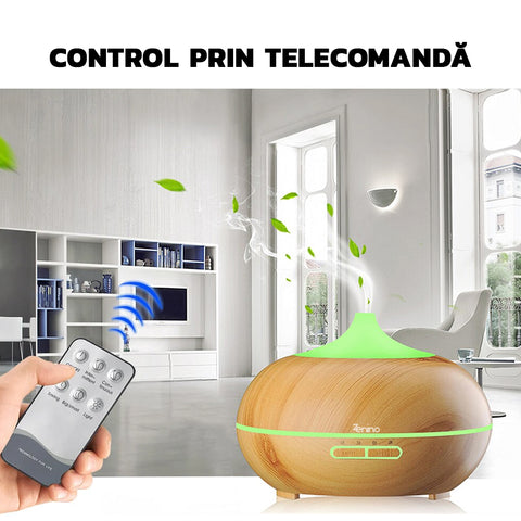 Difuzor Aromaterapie, Umidificator, Purificator Aer, Temporizator, 7 Culori LED, 550ml, Telecomanda Inclusa, Stejar Inchis
