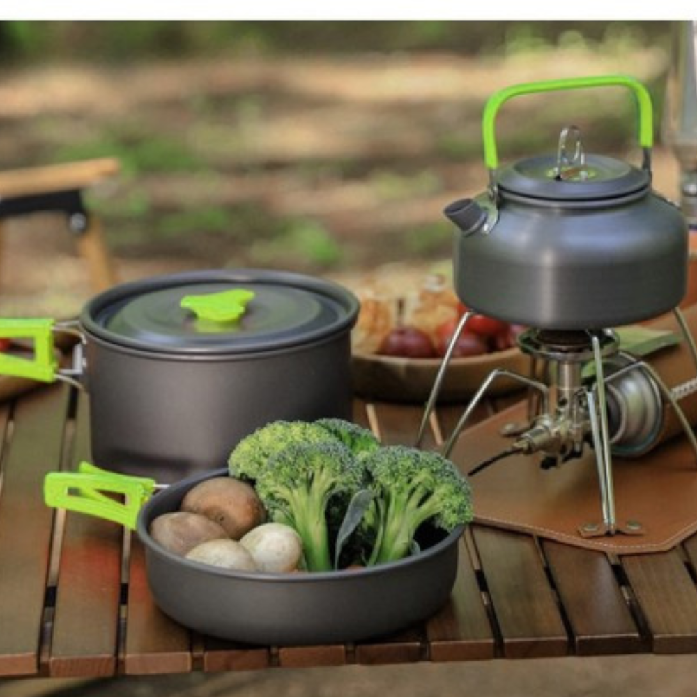 Set Camping de Gatit, 18 Piese, Suprafata Anti-Aderenta, Accesorii Incluse, Otel Inoxidabil