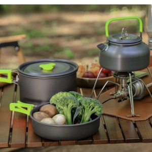Set Camping de Gatit, 18 Piese, Suprafata Anti-Aderenta, Accesorii Incluse, Otel Inoxidabil