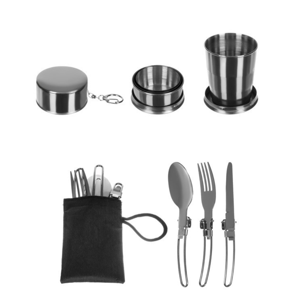 Set Camping de Gatit, 18 Piese, Suprafata Anti-Aderenta, Accesorii Incluse, Otel Inoxidabil