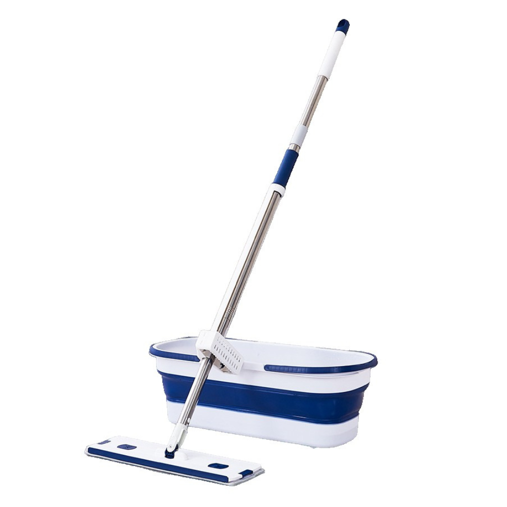 Mop Plat cu Galeata Pliabila, Sistem Stoarcere, 2 Rezerve Microfibra, Tija Telescopica