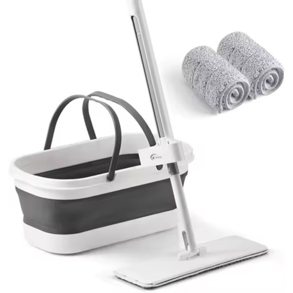 Mop Plat cu Galeata Pliabila, Sistem Stoarcere, 2 Rezerve Microfibra, Tija Telescopica