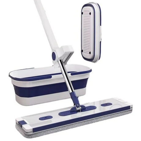 Mop Plat cu Galeata Pliabila, Sistem Stoarcere, 2 Rezerve Microfibra, Tija Telescopica
