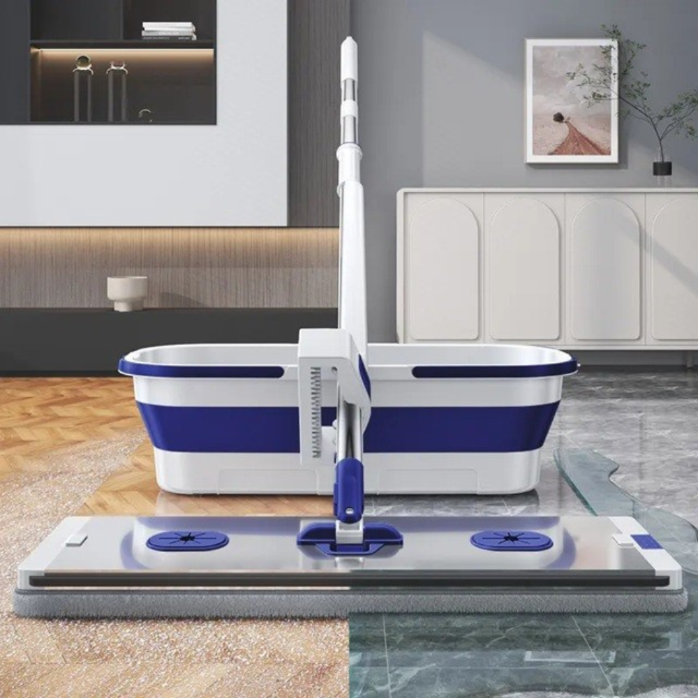 Mop Plat cu Galeata Pliabila, Sistem Stoarcere, 2 Rezerve Microfibra, Tija Telescopica