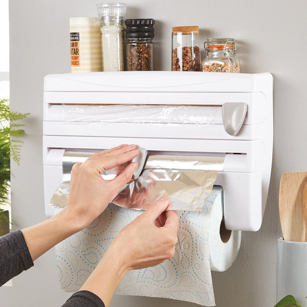 Dispenser de Bucatarie 4 in 1 Zenino - Folie Alimentara/Aluminiu, Suport Servetele, Organizator Condimente, Lame de Taiere, Accesorii de Montare Incluse, Alb