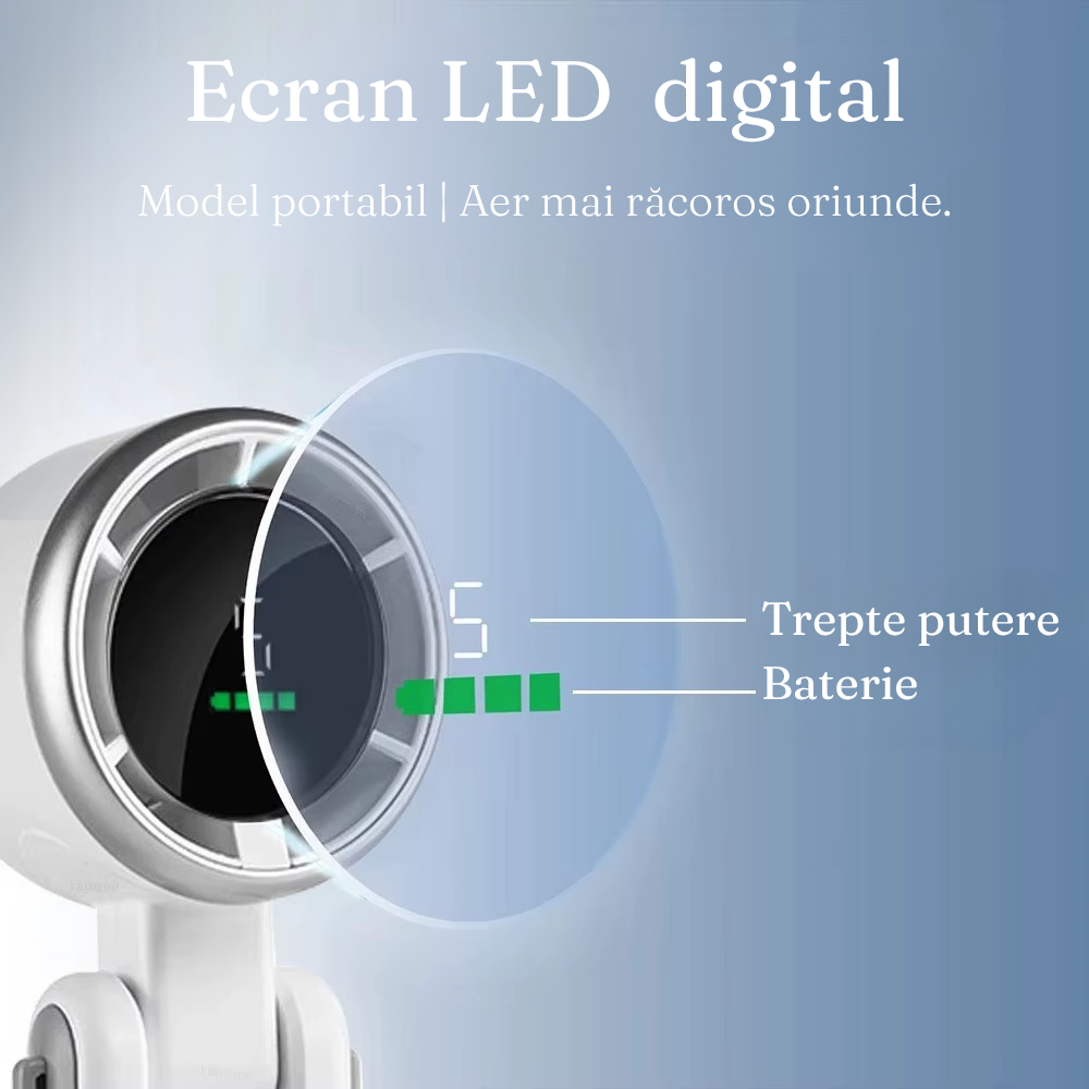 Mini Ventilator Portabil, Afisaj Digital, 5 Viteze, 3600mAh, Pliabil, Incarcare USB
