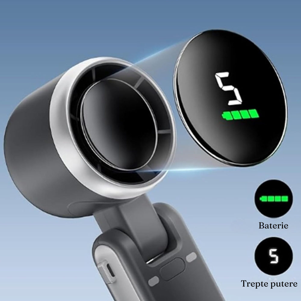 Mini Ventilator Portabil, Afisaj Digital, 5 Viteze, 3600mAh, Pliabil, Incarcare USB