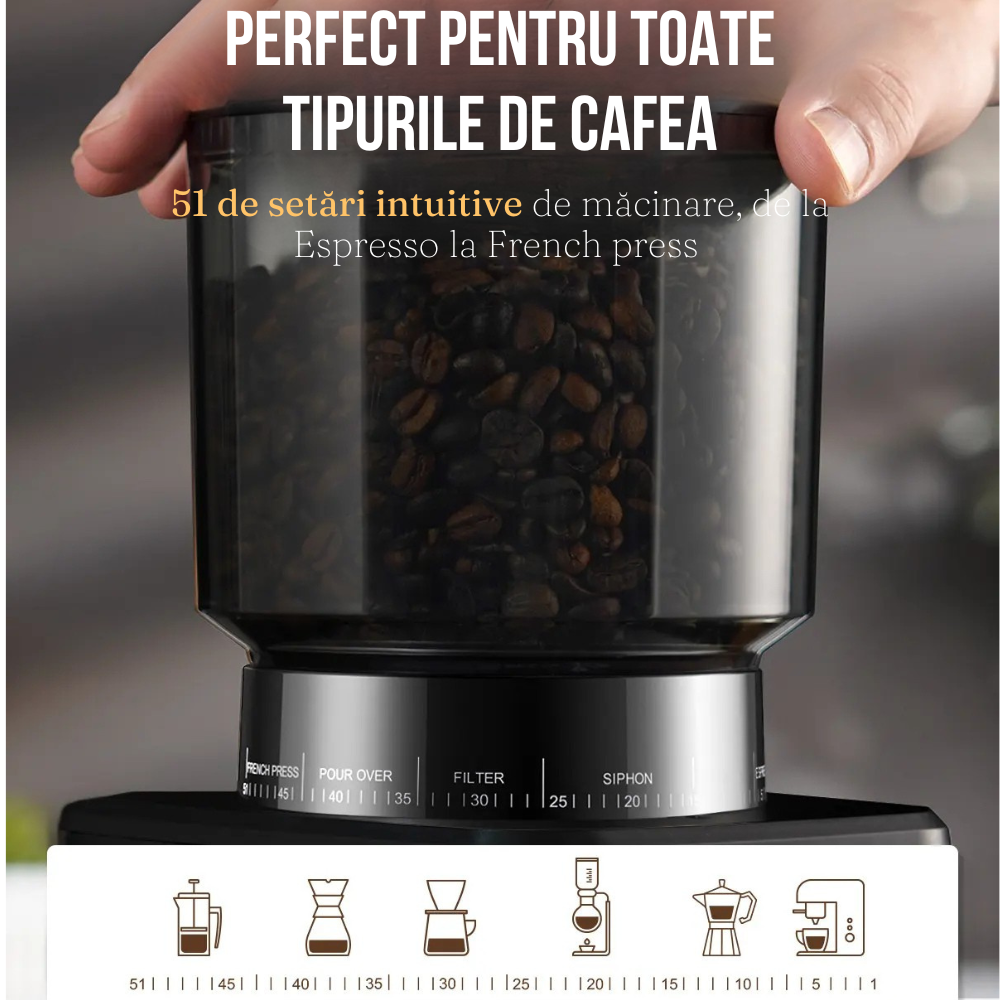 Rasnita Electrica Cafea, 51 Setari, Control Tactil, Suport Portafiltru, Lame Titan