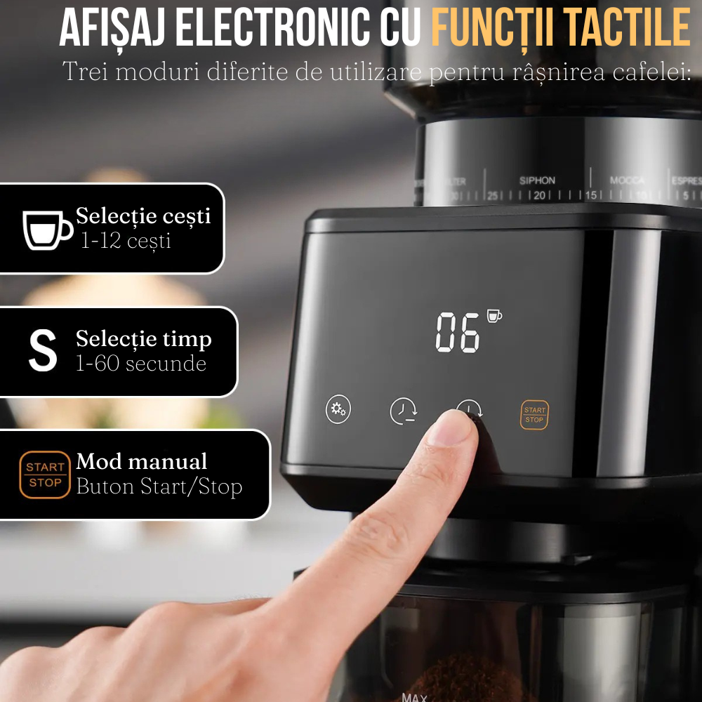 Rasnita Electrica Cafea, 51 Setari, Control Tactil, Suport Portafiltru, Lame Titan