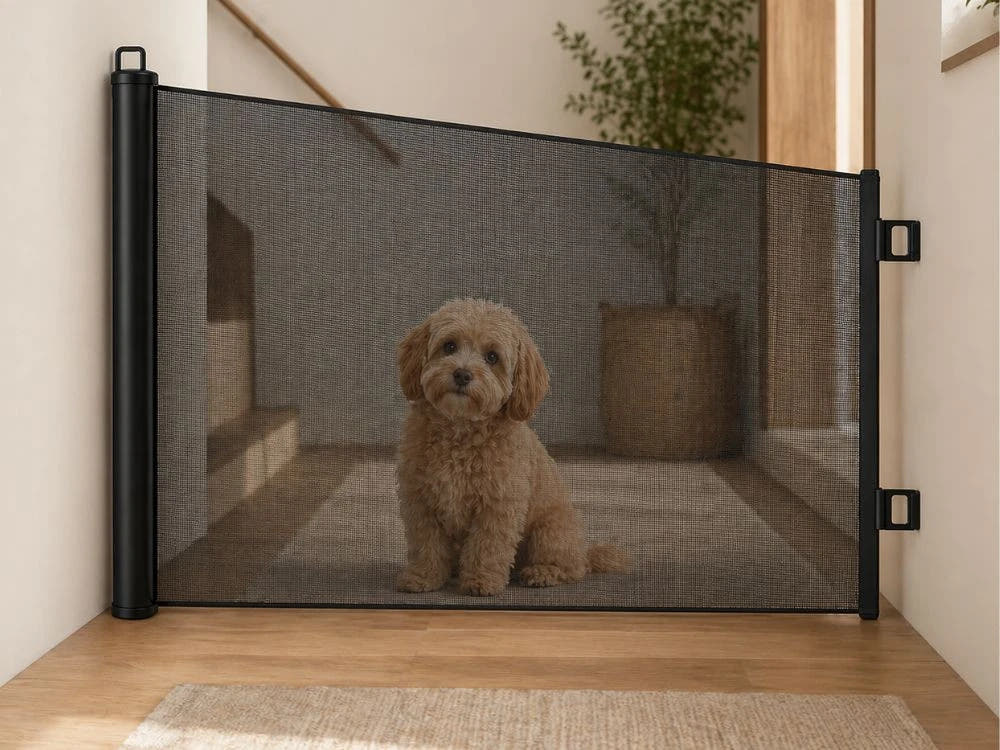 Poarta de Siguranta Animale, Plasa Retractabila, Carlige Autoadezive, Diferite Dimensiuni, Negru