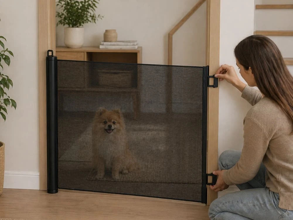 Poarta de Siguranta Animale, Plasa Retractabila, Carlige Autoadezive, Diferite Dimensiuni, Negru