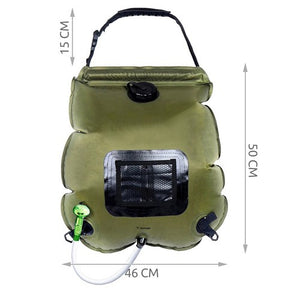 Преносим душ със слънчева система за къмпинг, 20 л, с термометър, херметично затваряне, висяща дръжка, зелен