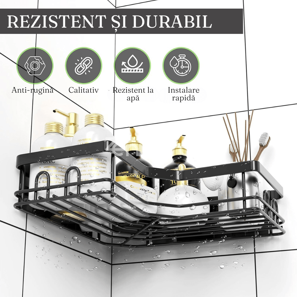 Set 2 Etajere pe Colt, Cleme Banda Adeziva, Rezistent la Umezeala, Usor de Montat, Fixare pe Perete, din Metal, Negru